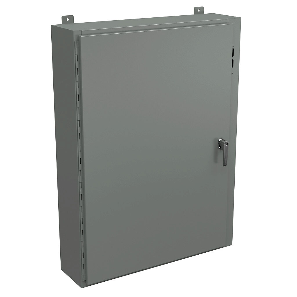 SDN12423108PL - Wiegmann disconnect enclosure, NEMA 12/13, right flange, 42 x 31 x 8in (HxWxD), wall mount, carbon steel, ANSI 61 gray, powder coat finish, single-door, 3-point padlocking handle, purchase subpanel separately.