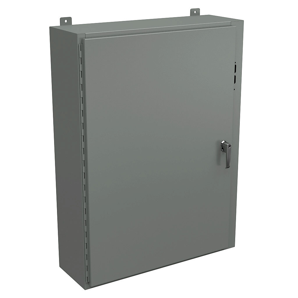SDN12423110PL - Wiegmann disconnect enclosure, NEMA 12/13, right flange, 42 x 31 x 10in (HxWxD), wall mount, carbon steel, ANSI 61 gray, powder coat finish, single-door, 3-point padlocking handle, purchase subpanel separately.