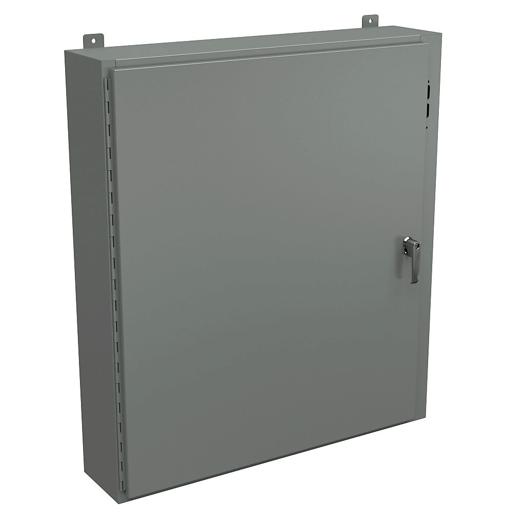 SDN12423708PL - Wiegmann disconnect enclosure, NEMA 12/13, right flange, 42 x 37 x 8in (HxWxD), wall mount, carbon steel, ANSI 61 gray, powder coat finish, single-door, 3-point padlocking handle, purchase subpanel separately.