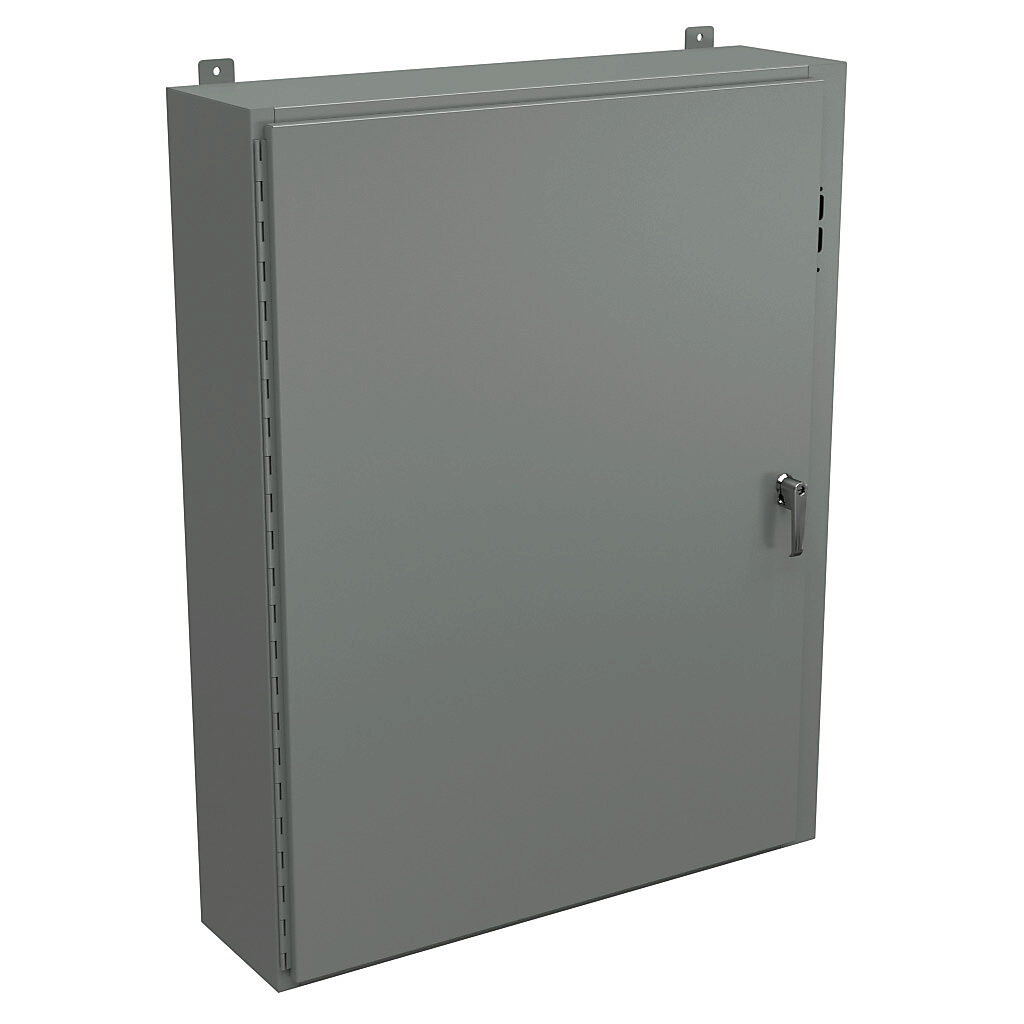 SDN12483710PL - Wiegmann disconnect enclosure, NEMA 12/13, right flange, 48 x 37 x 10in (HxWxD), wall mount, carbon steel, ANSI 61 gray, powder coat finish, single-door, 3-point padlocking handle, purchase subpanel separately.