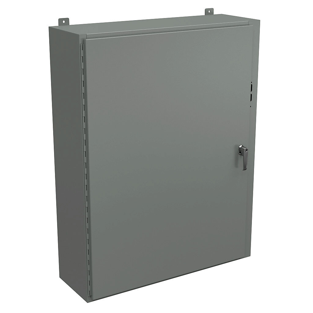 SDN12483812PL - Wiegmann disconnect enclosure, NEMA 12/13, right flange, 48 x 37 x 12in (HxWxD), wall mount, carbon steel, ANSI 61 gray, powder coat finish, single-door, 3-point padlocking handle, purchase subpanel separately.