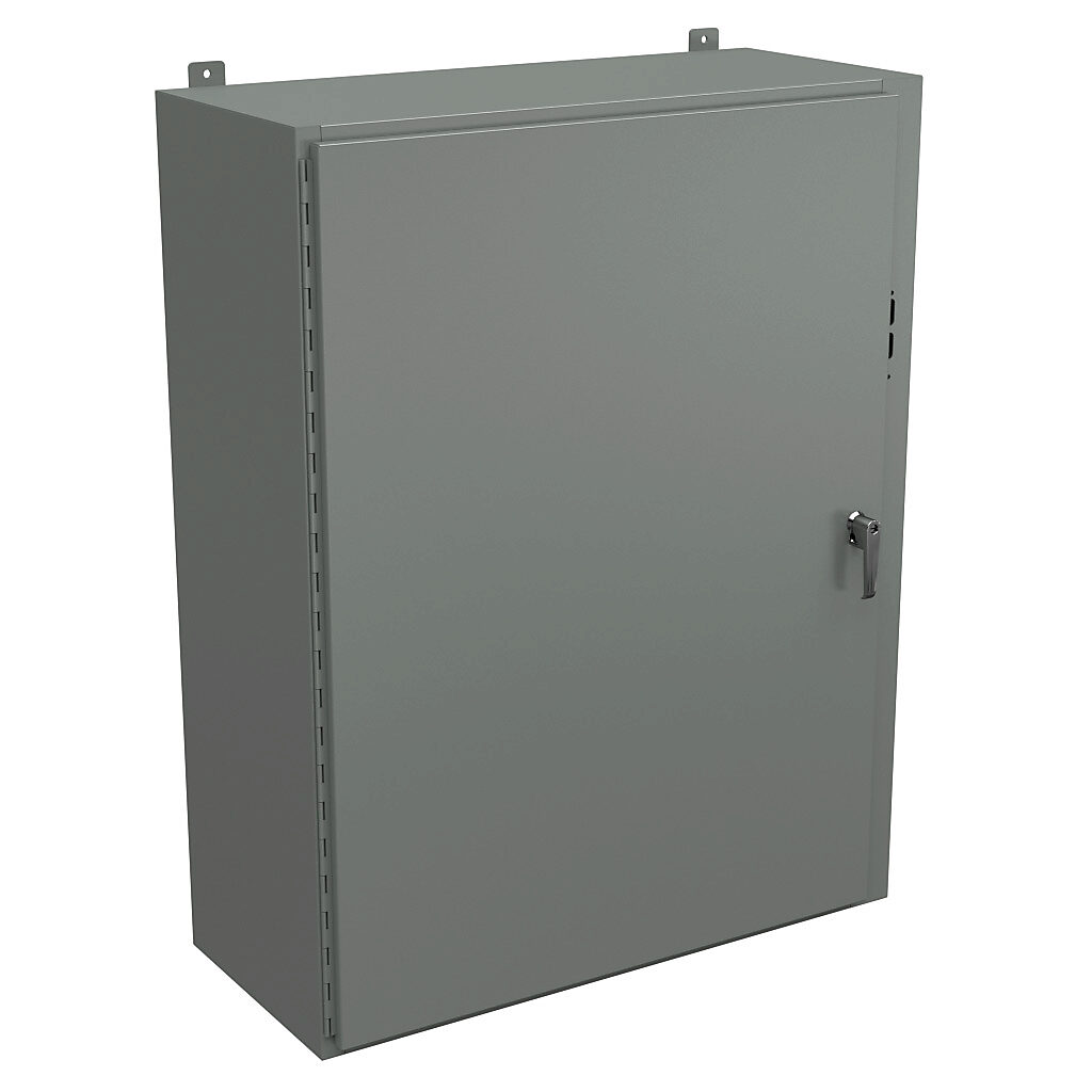 SDN12483816PL - Wiegmann disconnect enclosure, NEMA 12/13, right flange, 48 x 37 x 16in (HxWxD), wall mount, carbon steel, ANSI 61 gray, powder coat finish, single-door, 3-point padlocking handle, purchase subpanel separately.