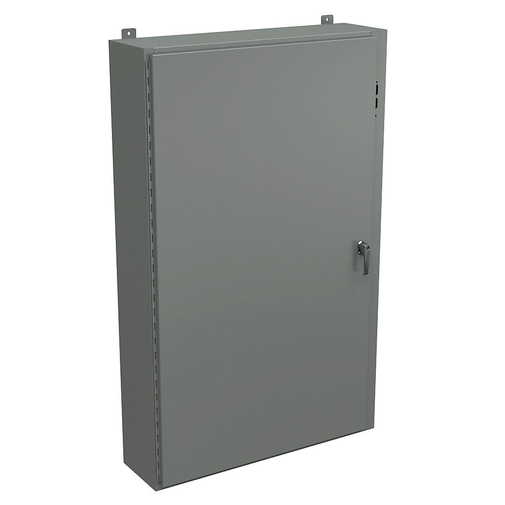 SDN12603710PL - Wiegmann disconnect enclosure, NEMA 12/13, right flange, 60 x 37 x 10in (HxWxD), wall mount, carbon steel, ANSI 61 gray, powder coat finish, single-door, 3-point padlocking handle, purchase subpanel separately.