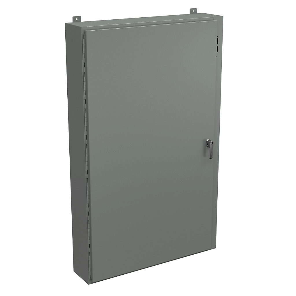 SDN12603808PL - Wiegmann disconnect enclosure, NEMA 12/13, right flange, 60 x 37 x 8in (HxWxD), wall mount, carbon steel, ANSI 61 gray, powder coat finish, single-door, 3-point padlocking handle, purchase subpanel separately.