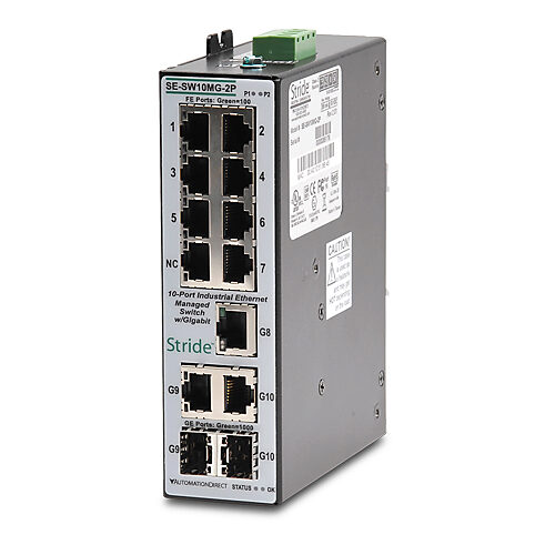 SE-SW10MG-2P - STRIDE industrial Layer 2 managed Ethernet switch, 10 ports, (7) Ethernet 10/100Base-T (RJ45), (3) Ethernet Gigabit (RJ45) and (2) SFP combo Gigabit port(s), Modbus TCP, -40 to +75 deg C, metal housing, IP40, 35mm DIN rail mount.