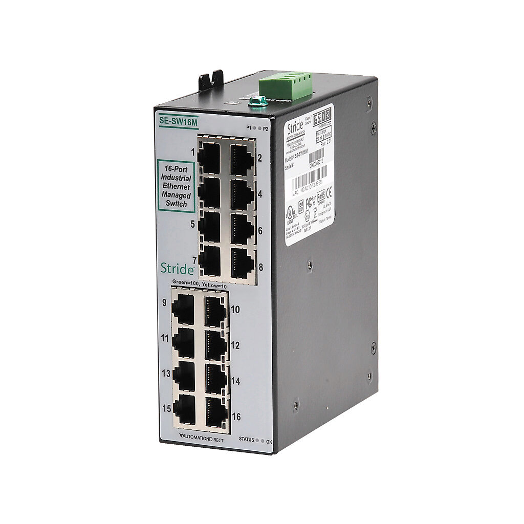 SE-SW16M - STRIDE industrial Layer 2 managed Ethernet switch, 16 ports, (16) Ethernet 10/100Base-T (RJ45) port(s), Modbus TCP, -40 to +75 deg C, metal housing, IP40, 35mm DIN rail mount.