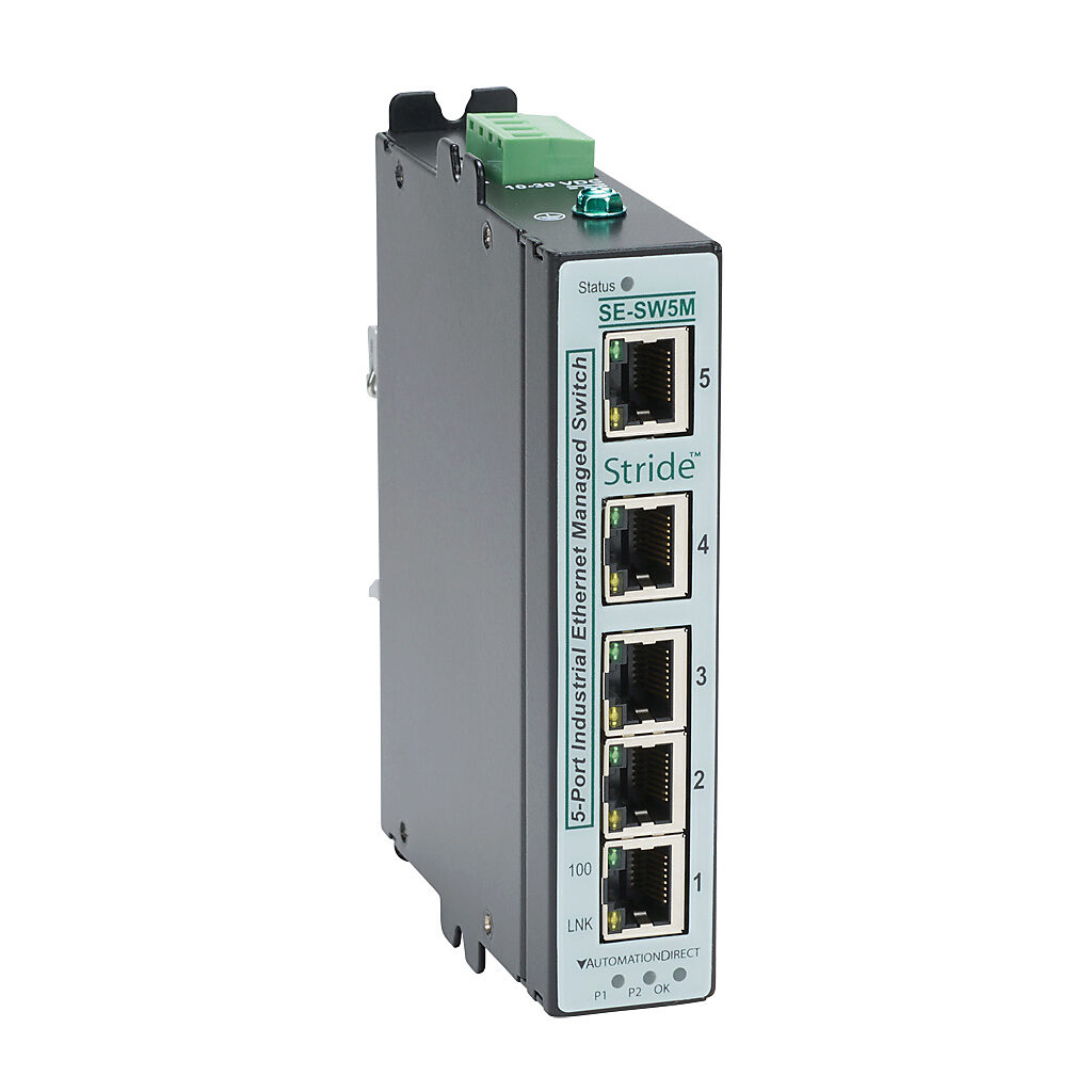 SE-SW5M - STRIDE industrial Layer 2 managed Ethernet switch, 5 ports, (5) Ethernet 10/100Base-T (RJ45) port(s), Modbus TCP, -40 to +75 deg C, metal housing, IP40, 35mm DIN rail mount.