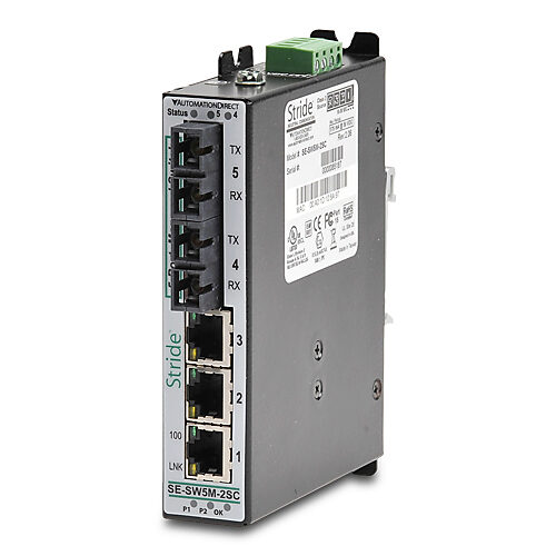 SE-SW5M-2SC - STRIDE industrial Layer 2 managed Ethernet switch, 5 ports, (3) Ethernet 10/100Base-T (RJ45) and (2) multi-mode SC 100FX fiber port(s), Modbus TCP, -40 to +75 deg C, metal housing, IP40, 35mm DIN rail mount.