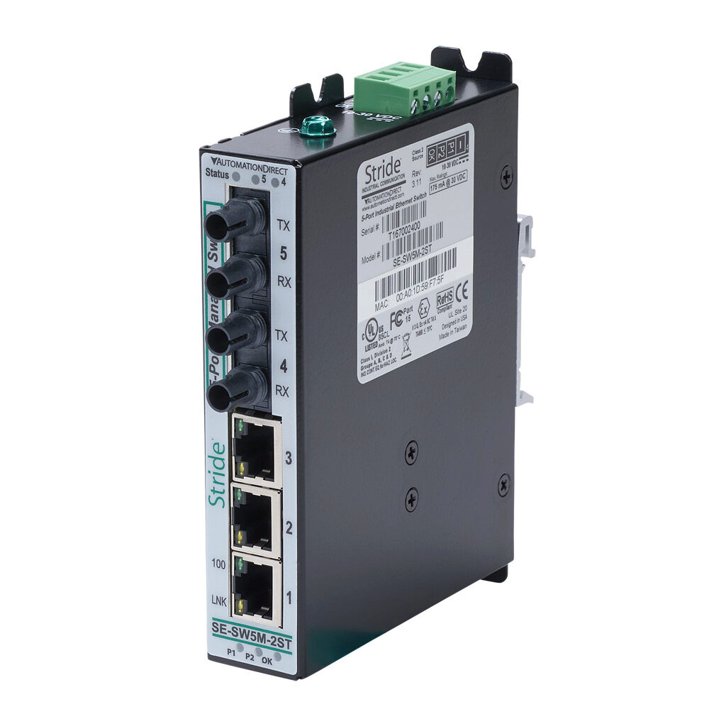 SE-SW5M-2ST - STRIDE industrial Layer 2 managed Ethernet switch, 5 ports, (3) Ethernet 10/100Base-T (RJ45) and (2) multi-mode ST 100FX fiber port(s), Modbus TCP, -40 to +75 deg C, metal housing, IP40, 35mm DIN rail mount.