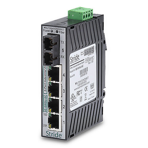 SE-SW5U-SC - STRIDE industrial unmanaged Ethernet switch, 5 ports, (4) Ethernet 10/100Base-T (RJ45) and (1) multi-mode SC 100FX fiber port(s), -10 to +60 deg C, plastic housing, IP40, 35mm DIN rail mount.