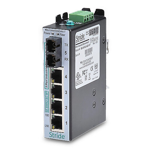SE-SW5U-SC-WT - STRIDE industrial unmanaged Ethernet switch, 5 ports, (4) Ethernet 10/100Base-T (RJ45) and (1) multi-mode SC 100FX fiber port(s), -40 to +85 deg C, metal housing, IP40, 35mm DIN rail mount.