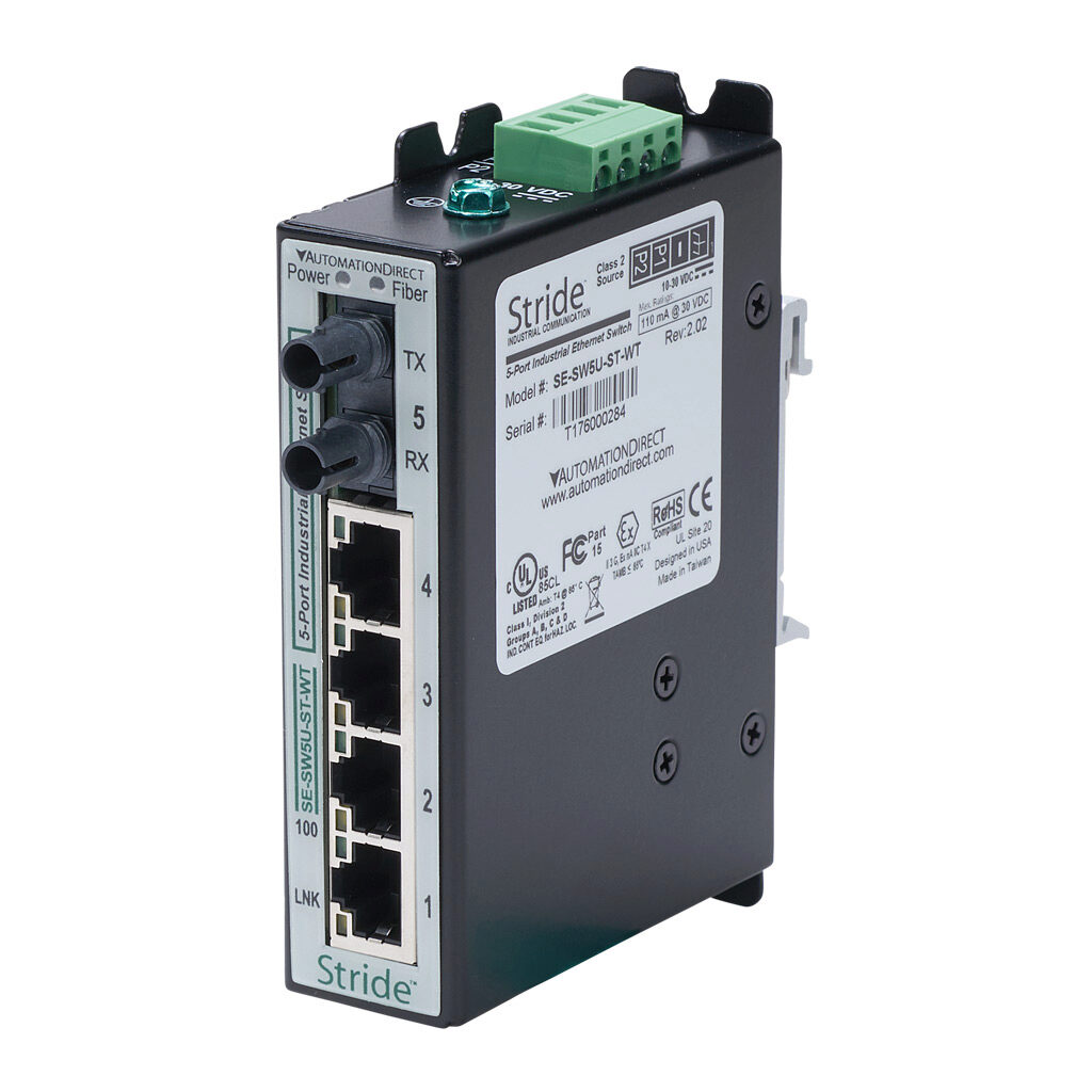 SE-SW5U-ST-WT - STRIDE industrial unmanaged Ethernet switch, 5 ports, (4) Ethernet 10/100Base-T (RJ45) and (1) multi-mode ST 100FX fiber port(s), -40 to +85 deg C, metal housing, IP40, 35mm DIN rail mount.