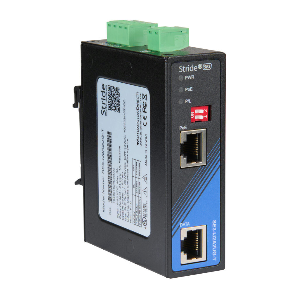 SE3-IJ2A2UG-T - STRIDE industrial unmanaged, PoE++ injector, IEEE 802.3af/at/bt, up to 100W, 2 ports, (1) PoE++ Gigabit (RJ45) and (1) Ethernet Gigabit (RJ45) port(s), 9-55 VDC nominal input, -40 to +75 deg C, 35mm DIN rail or panel mount.