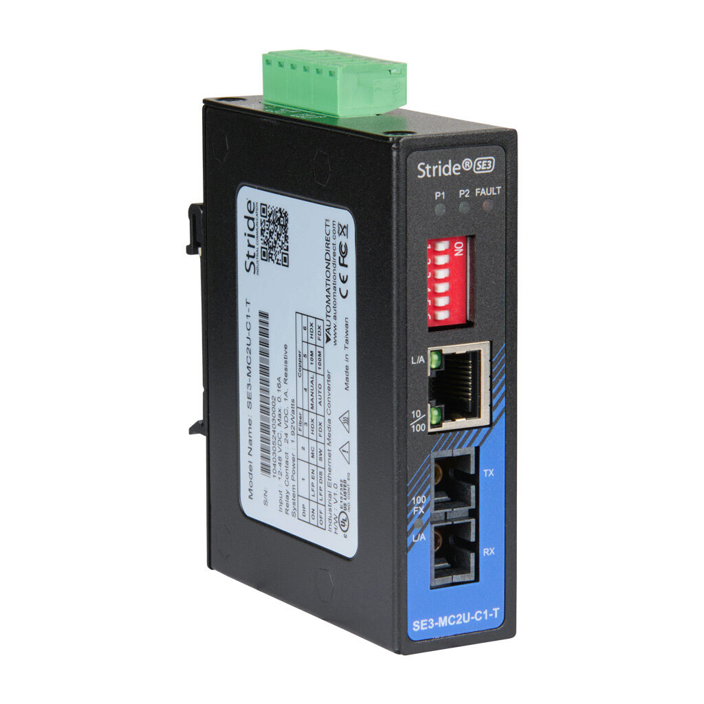 SE3-MC2U-C1-T - STRIDE industrial unmanaged Ethernet media converter, 2 ports, (1) Ethernet 10/100Base-T (RJ45) and (1) multi-mode SC 100FX fiber port(s), (1) Form A (SPST) relay, -40 to +80 deg C, metal housing, IP30, 35mm DIN rail or panel mount.