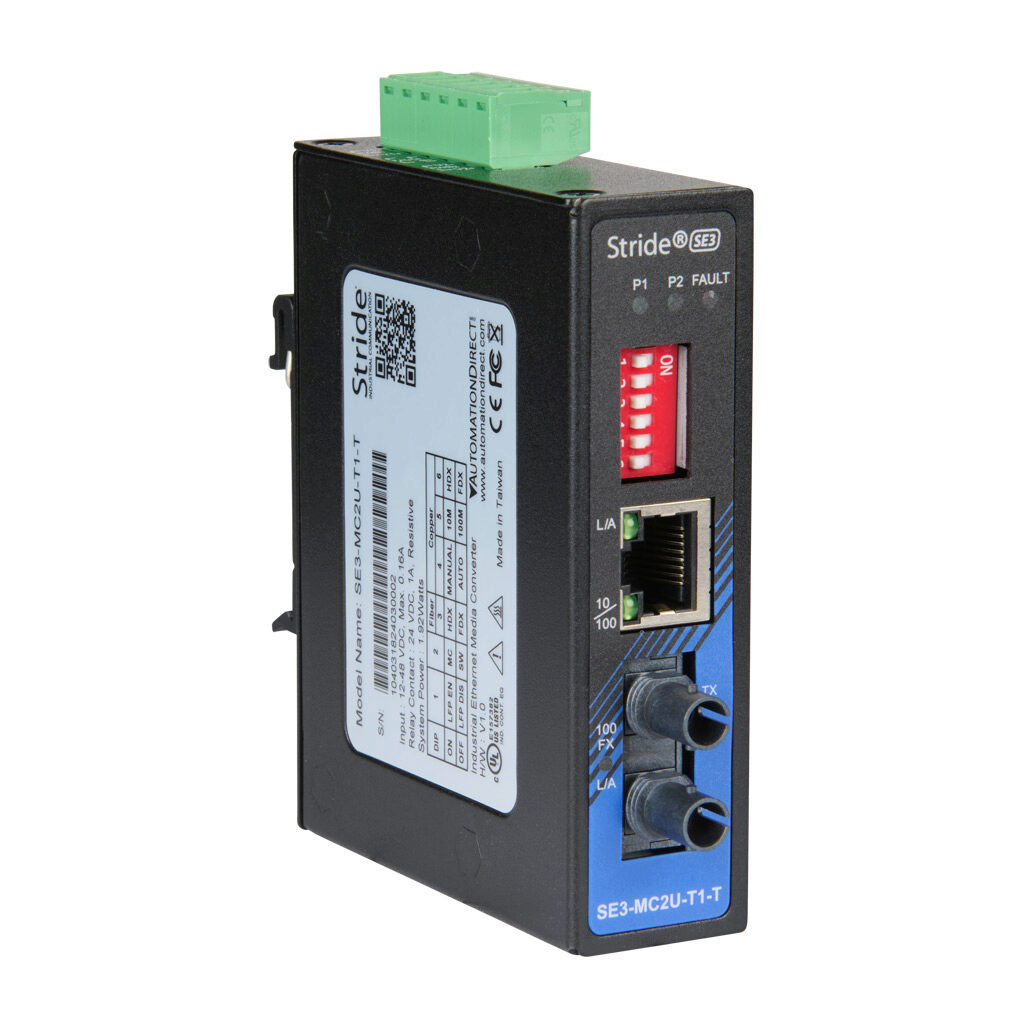 SE3-MC2U-T1-T - STRIDE industrial unmanaged Ethernet media converter, 2 ports, (1) Ethernet 10/100Base-T (RJ45) and (1) multi-mode ST 100FX fiber port(s), (1) Form A (SPST) relay, -40 to +80 deg C, metal housing, IP30, 35mm DIN rail or panel mount.