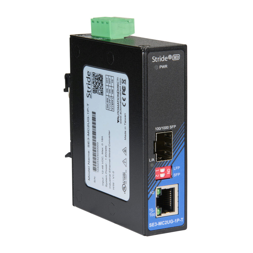 SE3-MC2UG-1P-T - STRIDE industrial unmanaged Ethernet media converter, 2 ports, (1) Ethernet 10/100/1000Base-T (RJ45) and (1) SFP combo Gigabit port(s), -40 to +80 deg C, metal housing, IP30, 35mm DIN rail or panel mount.
