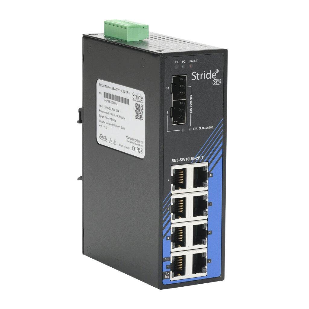 SE3-SW10UG-2P-T - STRIDE industrial unmanaged Ethernet switch, 10 ports, (8) Ethernet Gigabit (RJ45) and (2) SFP combo Gigabit port(s), -40 to +75 deg C, metal housing, IP30, 35mm DIN rail or panel mount.
