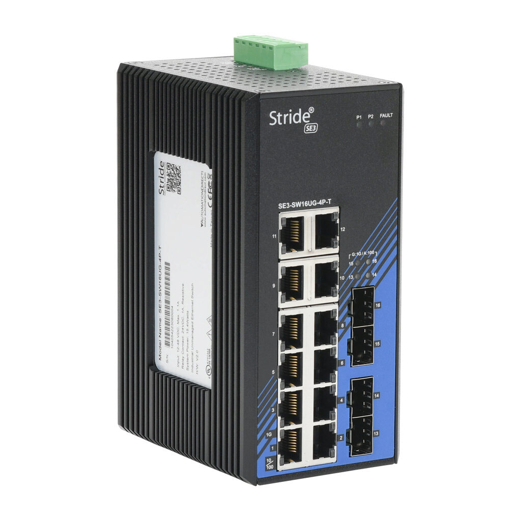 SE3-SW16UG-4P-T - STRIDE industrial unmanaged Ethernet switch, 16 ports, (12) Ethernet Gigabit (RJ45) and (4) SFP combo Gigabit port(s), -40 to +75 deg C, metal housing, IP30, 35mm DIN rail or panel mount.