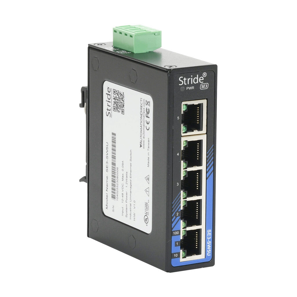 SE3-SW5U - STRIDE industrial unmanaged Ethernet switch, 5 ports, (5) Ethernet 10/100Base-T (RJ45) port(s), -10 to +65 deg C, metal housing, IP30, 35mm DIN rail or panel mount.