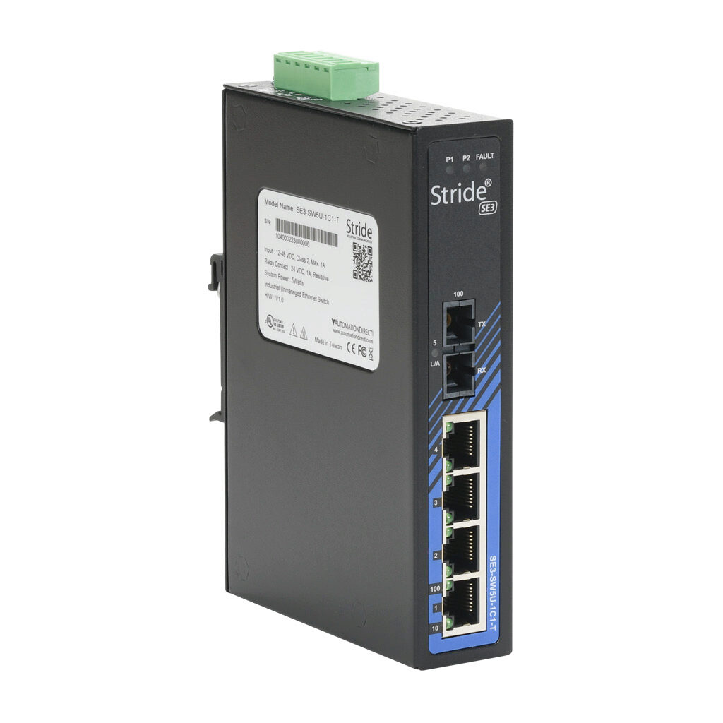 SE3-SW5U-1C1-T - STRIDE industrial unmanaged Ethernet switch, 5 ports, (4) Ethernet 10/100Base-T (RJ45) and (1) multi-mode SC 100FX fiber port(s), -40 to +75 deg C, metal housing, IP30, NEMA TS2, 35mm DIN rail or panel mount.