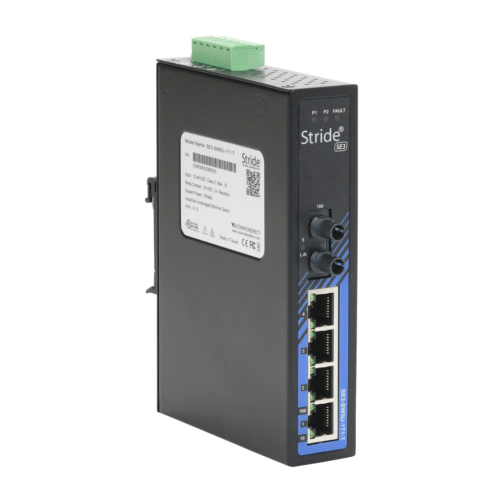 SE3-SW5U-1T1-T - STRIDE industrial unmanaged Ethernet switch, 5 ports, (4) Ethernet 10/100Base-T (RJ45) and (1) multi-mode ST 100FX fiber port(s), -40 to +75 deg C, metal housing, IP30, NEMA TS2, 35mm DIN rail or panel mount.
