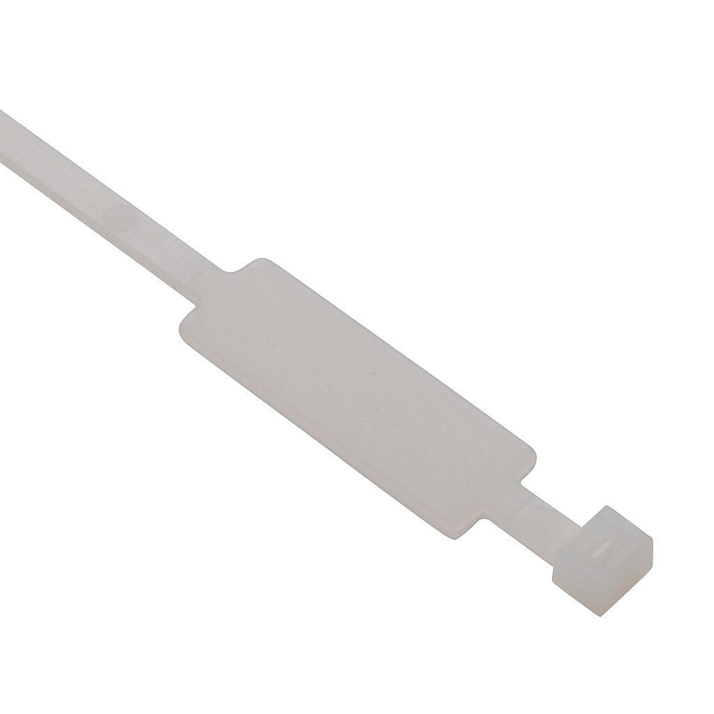 SEL.2.223T - SapiSelco identification cable tie, general purpose, nylon 6.6, 7.87in length, 0.19in width, 48lb tensile strength, 1.97in maximum bundle diameter, natural, (1) leg with (1) 1.38 x 0.51in longitudinal ID tag. Package of 100.