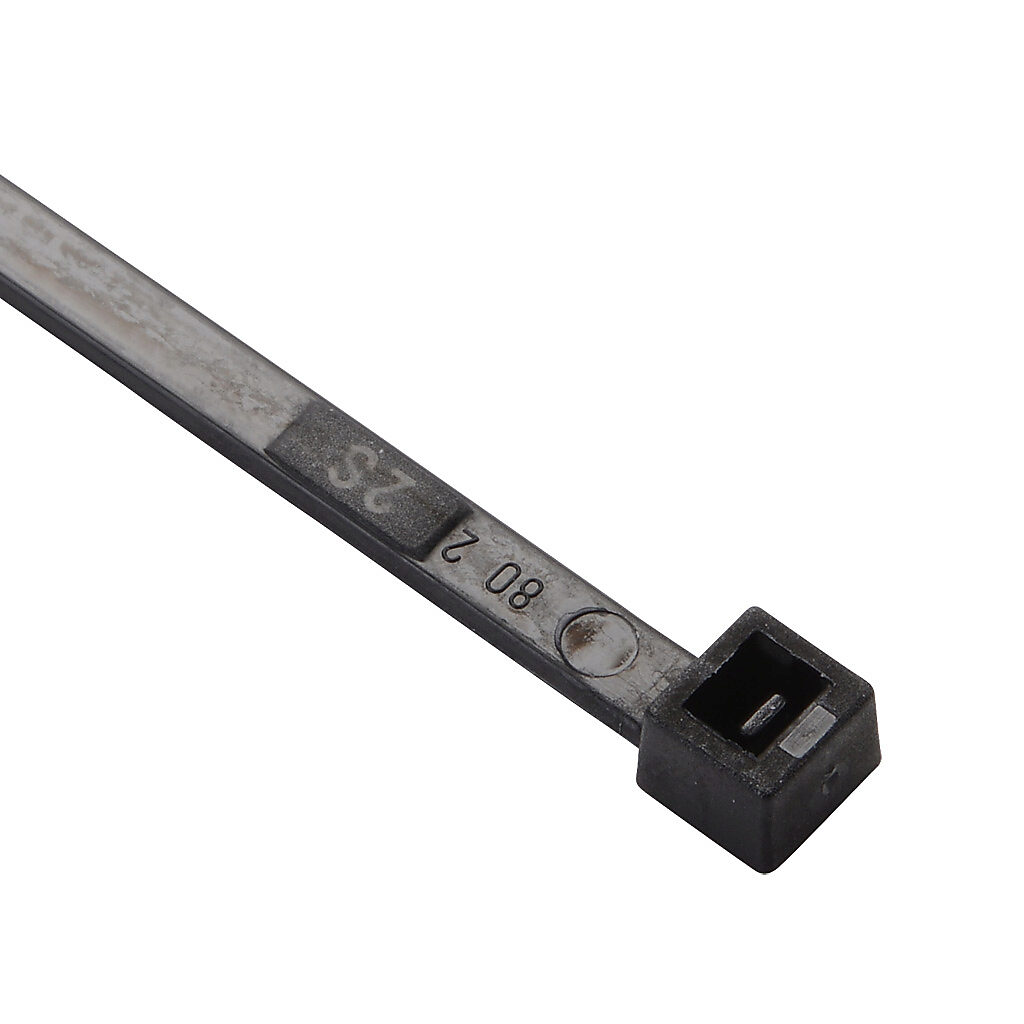 SEL.3.222 - SapiSelco Selfit series standard cable tie, general purpose, nylon 6.6, 7.09in length, 0.18in width, 48lb tensile strength, 1.77in maximum bundle diameter, black. Package of 100.