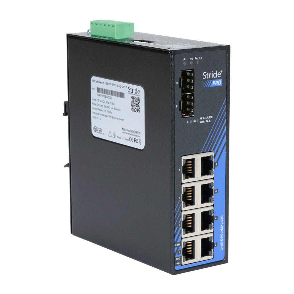 SEP1-SW10UG-2P-T - STRIDE PRO industrial unmanaged+ Ethernet switch, 10 ports, (8) Ethernet Gigabit (RJ45) and (2) SFP combo Gigabit port(s), -40 to +75 deg C, metal housing, IP30, 35mm DIN rail or panel mount.