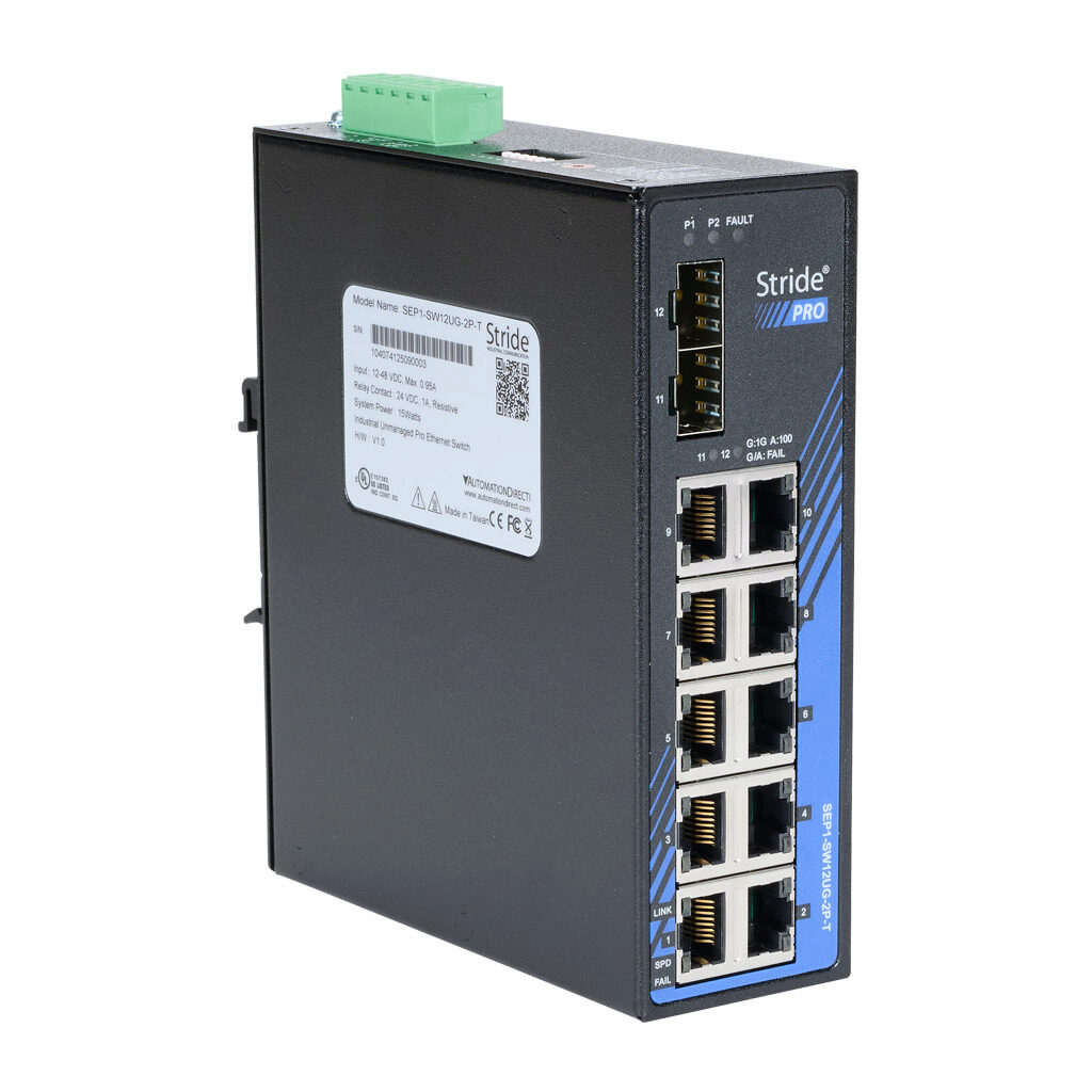 SEP1-SW12UG-2P-T - STRIDE PRO industrial unmanaged+ Ethernet switch, 12 ports, (10) Ethernet Gigabit (RJ45) and (2) SFP combo Gigabit port(s), -40 to +75 deg C, metal housing, IP30, 35mm DIN rail or panel mount.