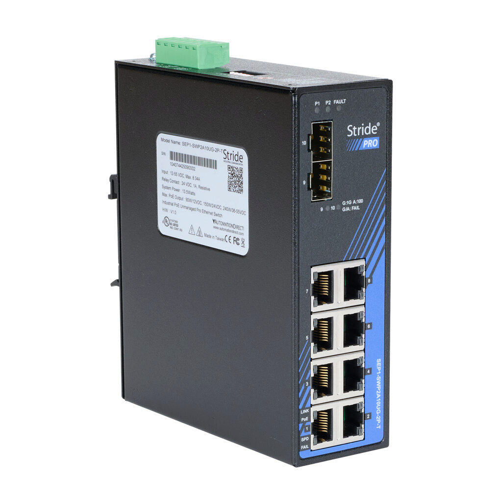 SEP1-SWP2A10UG-2P-T - STRIDE PRO industrial unmanaged+ PoE+ switch, IEEE 802.3af/at, 240W, 10 ports, (8) PoE+ Gigabit (RJ45) and (2) SFP combo Gigabit port(s), 12-55 VDC nominal input, -40 to +75 deg C, 35mm DIN rail or panel mount.