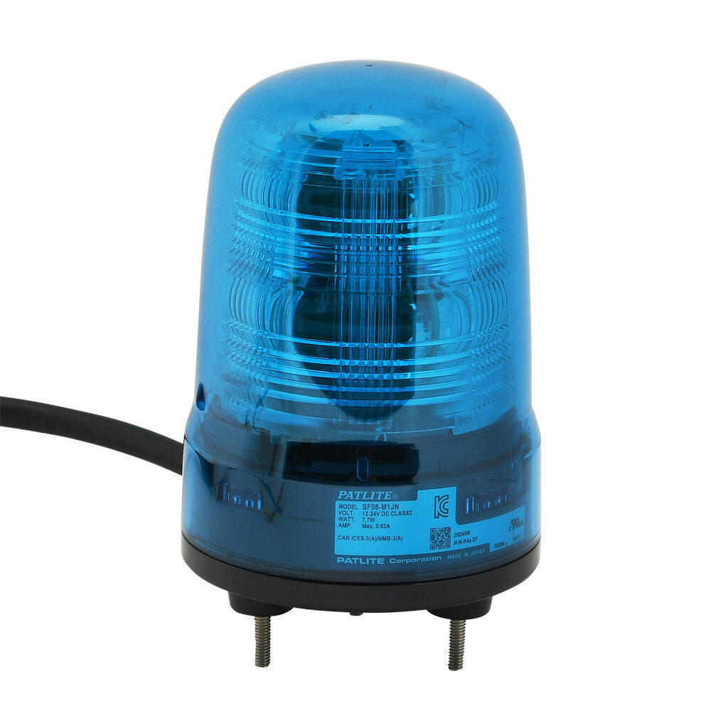 SF08-M1JN-B - Patlite SF series LED industrial signal beacon, 80mm, blue, (22) selectable flashing and rotating patterns, IP23, base mount, 12-24 VDC. IP65 when used with SZW-102 rubber gasket.