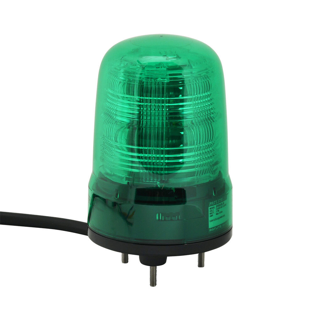 SF08-M1JN-G - Patlite SF series LED industrial signal beacon, 80mm, green, (22) selectable flashing and rotating patterns, IP23, base mount, 12-24 VDC. IP65 when used with SZW-102 rubber gasket.