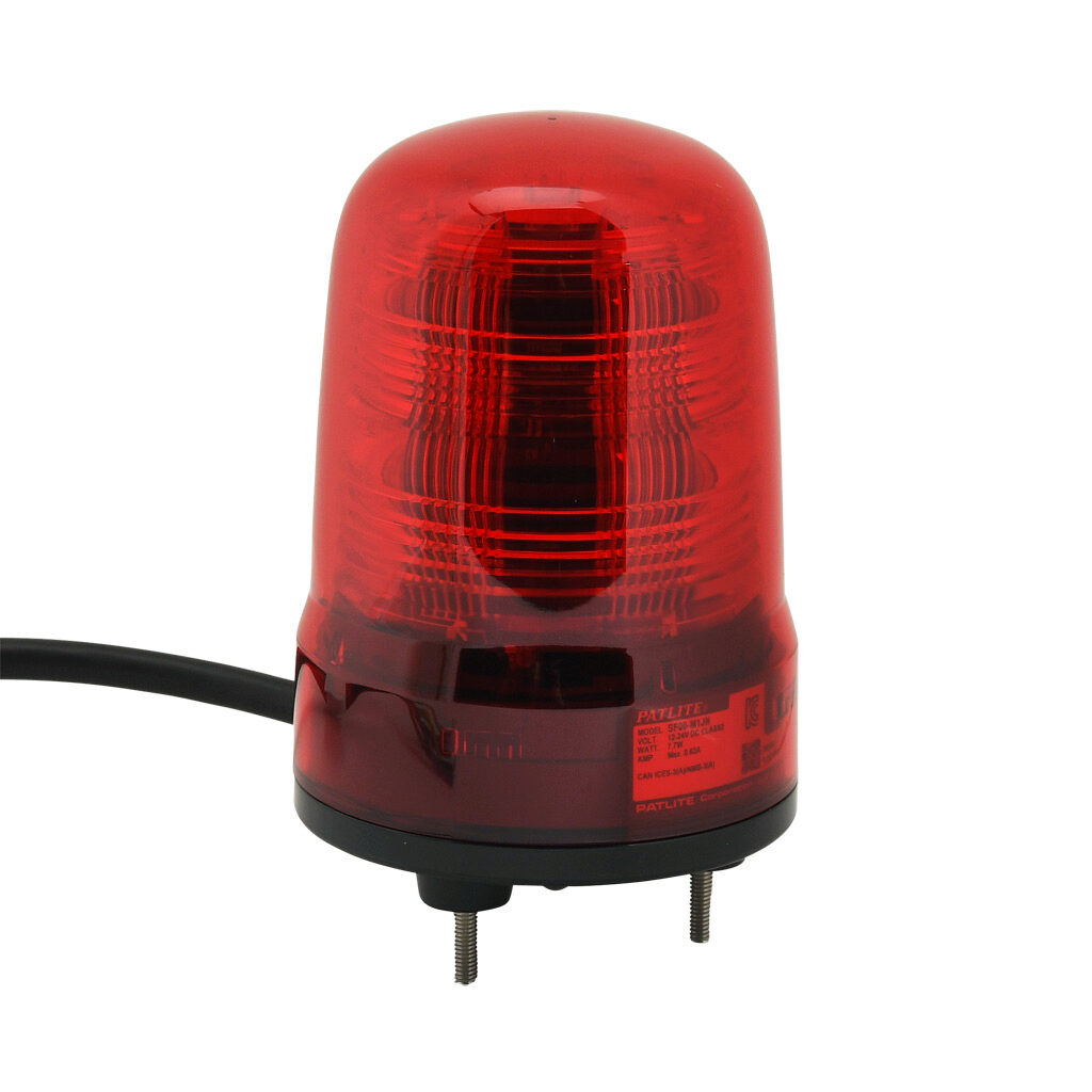 SF08-M1JN-R - Patlite SF series LED industrial signal beacon, 80mm, red, (22) selectable flashing and rotating patterns, IP23, base mount, 12-24 VDC. IP65 when used with SZW-102 rubber gasket.