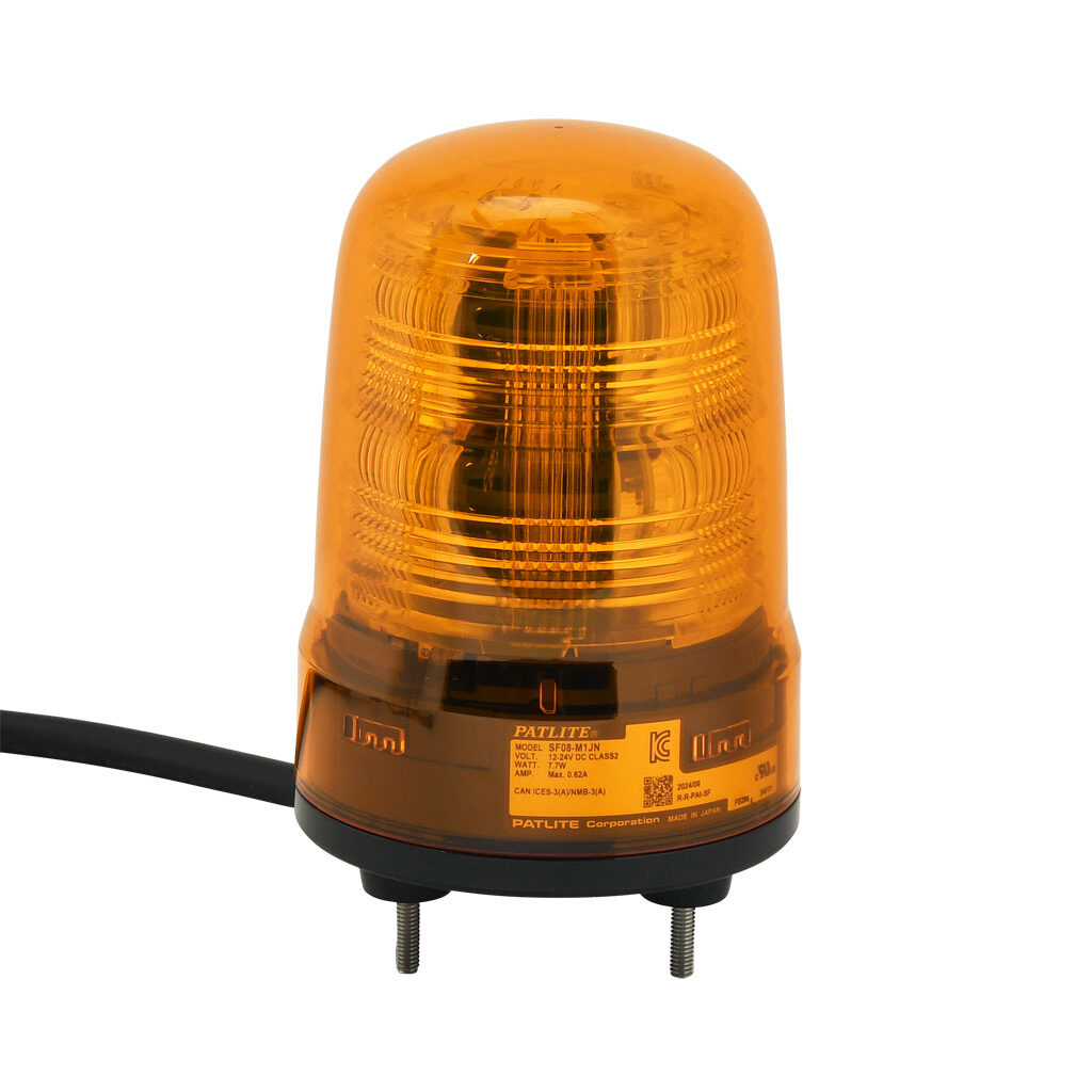 SF08-M1JN-Y - Patlite SF series LED industrial signal beacon, 80mm, amber, (22) selectable flashing and rotating patterns, IP23, base mount, 12-24 VDC. IP65 when used with SZW-102 rubber gasket.