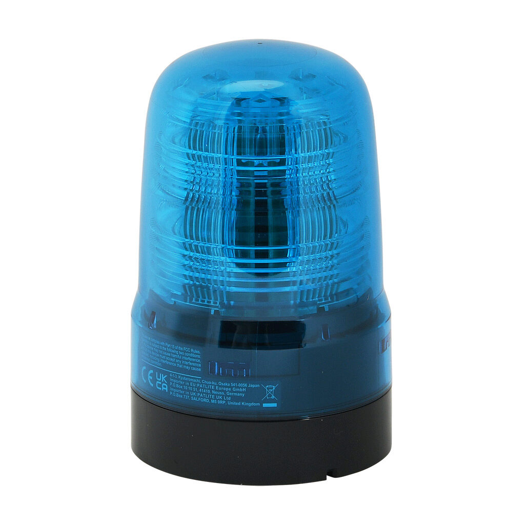 SF08-M1KTB-B - Patlite SF series LED audible-visual signal beacon, 86 dB at 1m, continuous tone(s), (22) selectable flashing and rotating patterns, blue, 80mm, 12-24 VDC, IP66, NEMA 4X/13, push-in terminal.