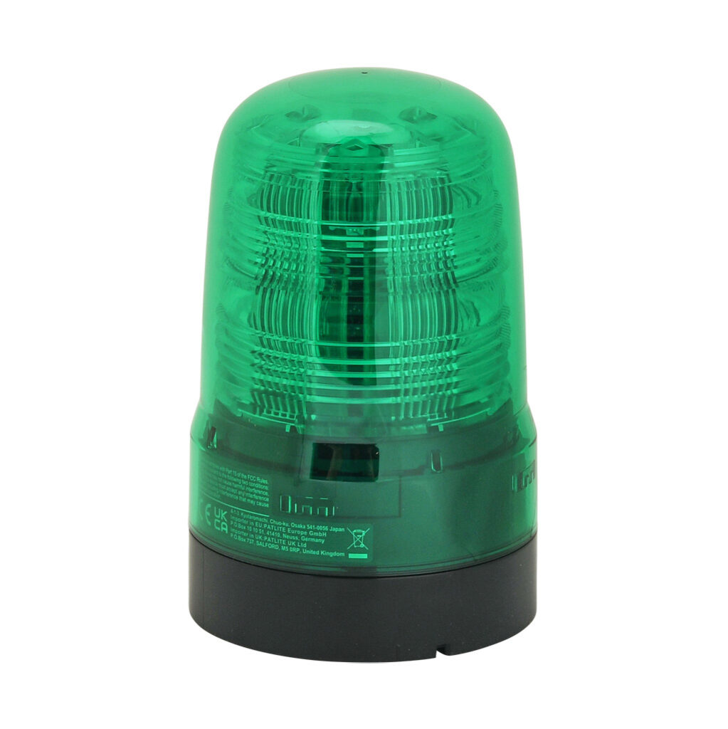 SF08-M1KTB-G - Patlite SF series LED audible-visual signal beacon, 86 dB at 1m, continuous tone(s), (22) selectable flashing and rotating patterns, green, 80mm, 12-24 VDC, IP66, NEMA 4X/13, push-in terminal.