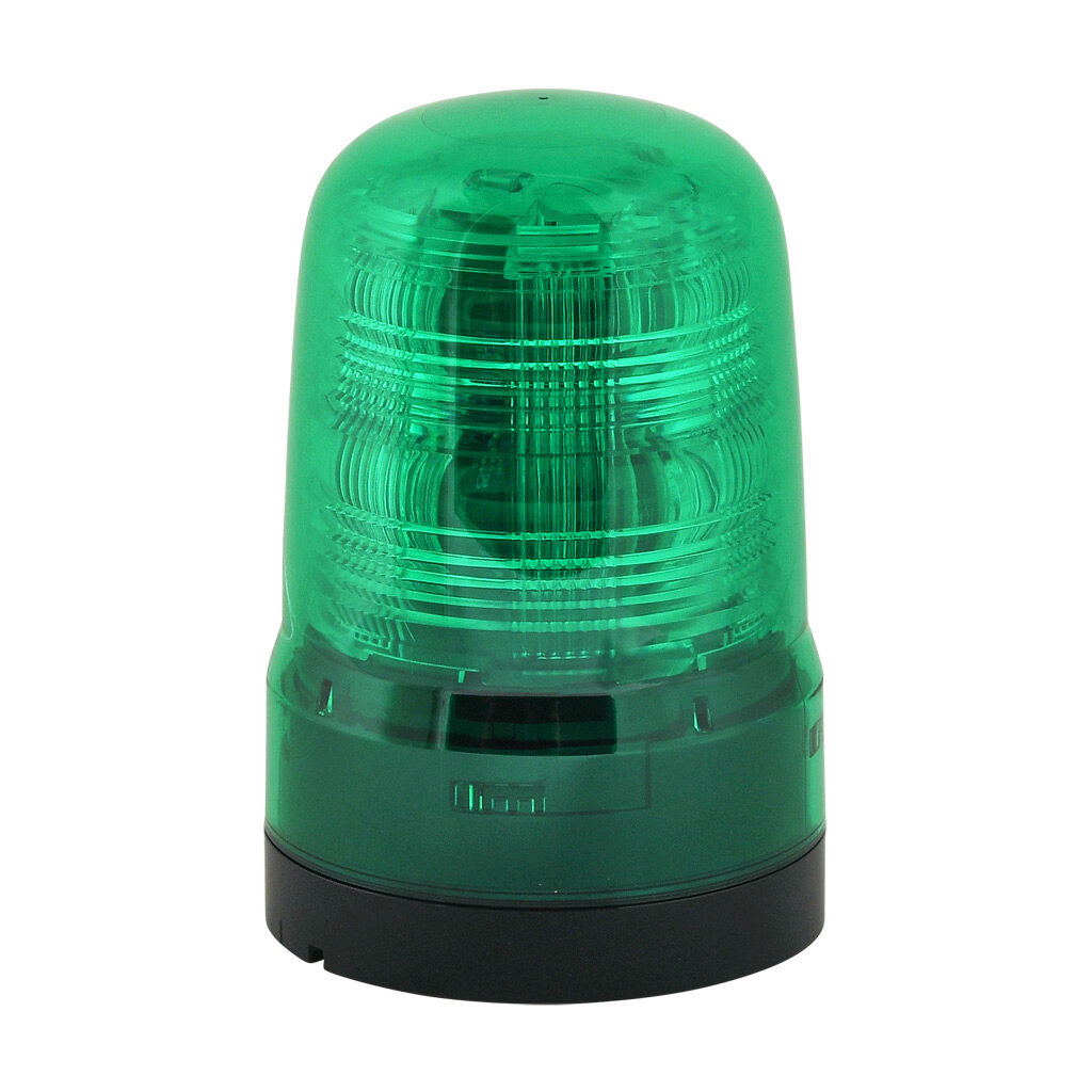 SF08-M1KTN-G - Patlite SF series LED industrial signal beacon, 80mm, green, (22) selectable flashing and rotating patterns, IP66, NEMA 4X/13, base mount, 12-24 VDC.