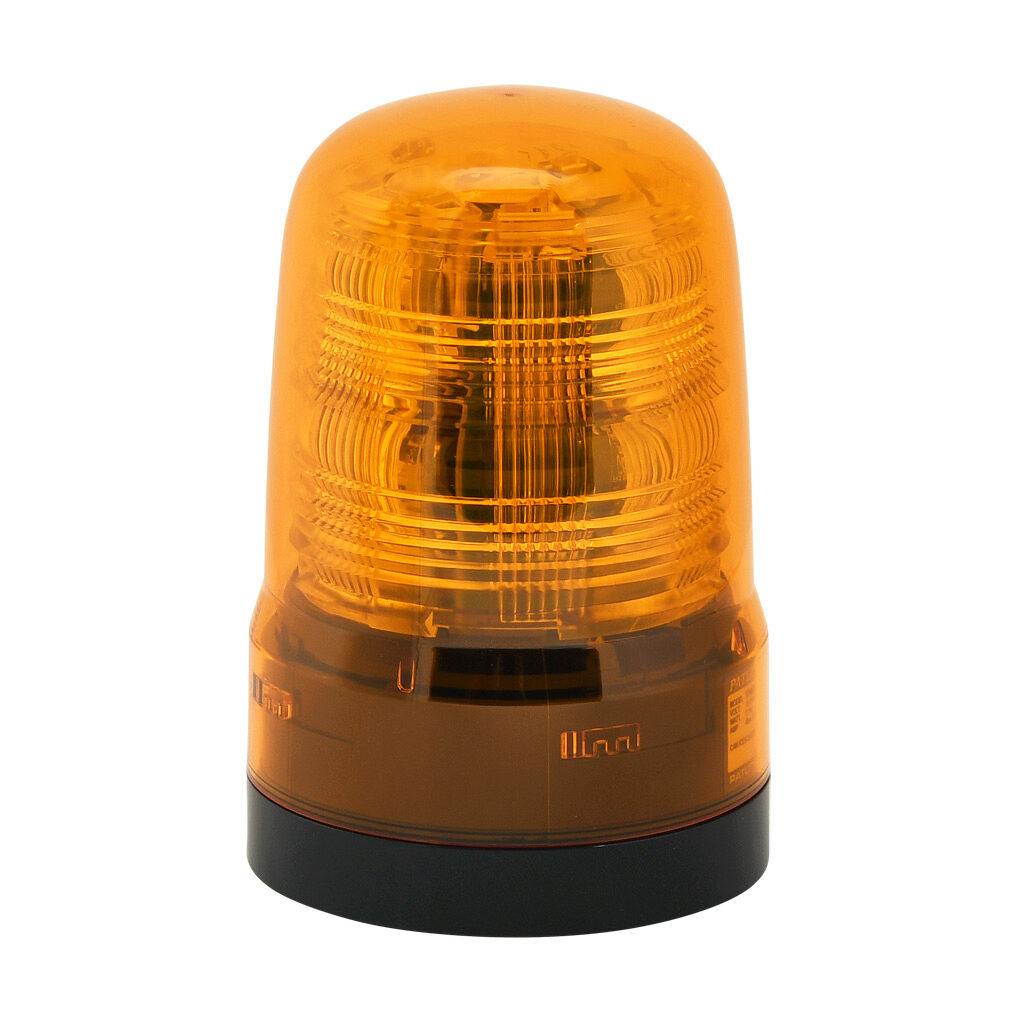 SF08-M1KTN-Y - Patlite SF series LED industrial signal beacon, 80mm, amber, (22) selectable flashing and rotating patterns, IP66, NEMA 4X/13, base mount, 12-24 VDC.