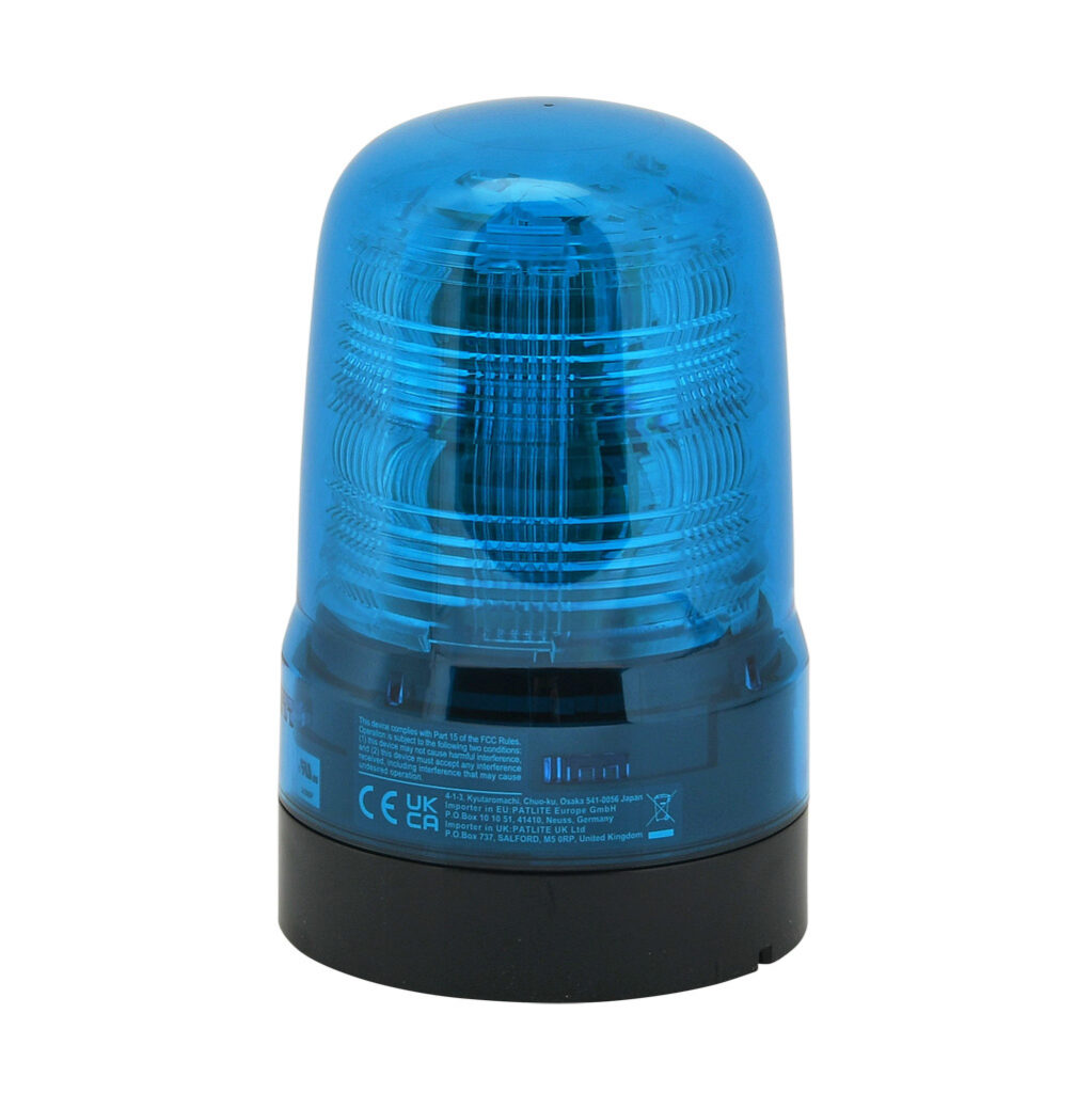 SF08-M2KTB-B - Patlite SF series LED audible-visual signal beacon, 86 dB at 1m, continuous tone(s), (22) selectable flashing and rotating patterns, blue, 80mm, 100-240 VAC, IP66, NEMA 4X/13, push-in terminal.