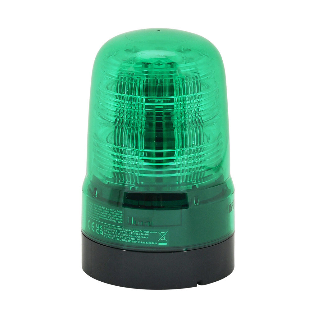 SF08-M2KTB-G - Patlite SF series LED audible-visual signal beacon, 86 dB at 1m, continuous tone(s), (22) selectable flashing and rotating patterns, green, 80mm, 100-240 VAC, IP66, NEMA 4X/13, push-in terminal.