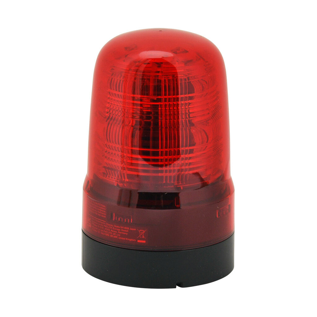 SF08-M2KTB-R - Patlite SF series LED audible-visual signal beacon, 86 dB at 1m, continuous tone(s), (22) selectable flashing and rotating patterns, red, 80mm, 100-240 VAC, IP66, NEMA 4X/13, push-in terminal.