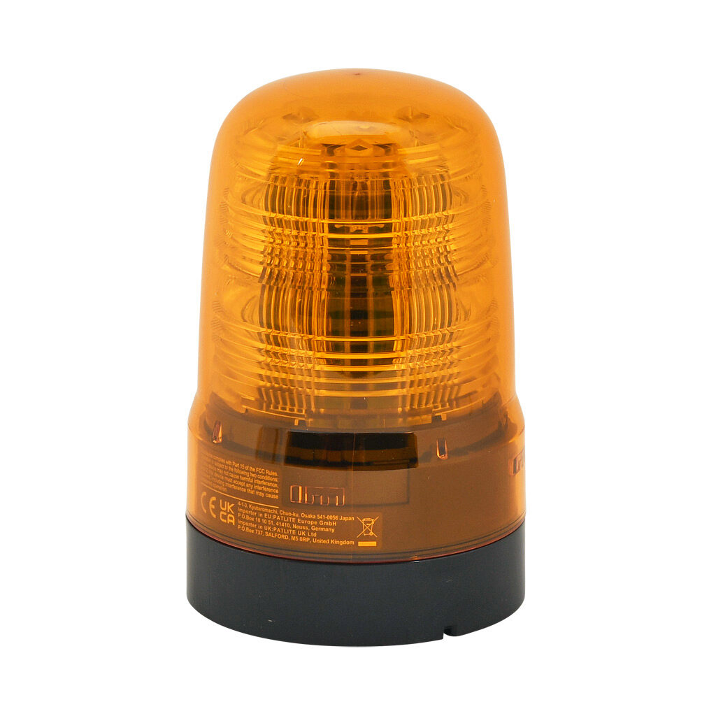SF08-M2KTB-Y - Patlite SF series LED audible-visual signal beacon, 86 dB at 1m, continuous tone(s), (22) selectable flashing and rotating patterns, amber, 80mm, 100-240 VAC, IP66, NEMA 4X/13, push-in terminal.
