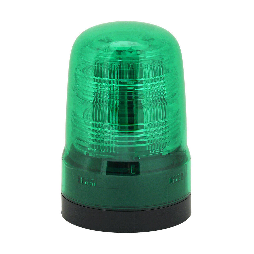 SF08-M2KTN-G - Patlite SF series LED industrial signal beacon, 80mm, green, (22) selectable flashing and rotating patterns, IP66, NEMA 4X/13, base mount, 100-240 VAC.