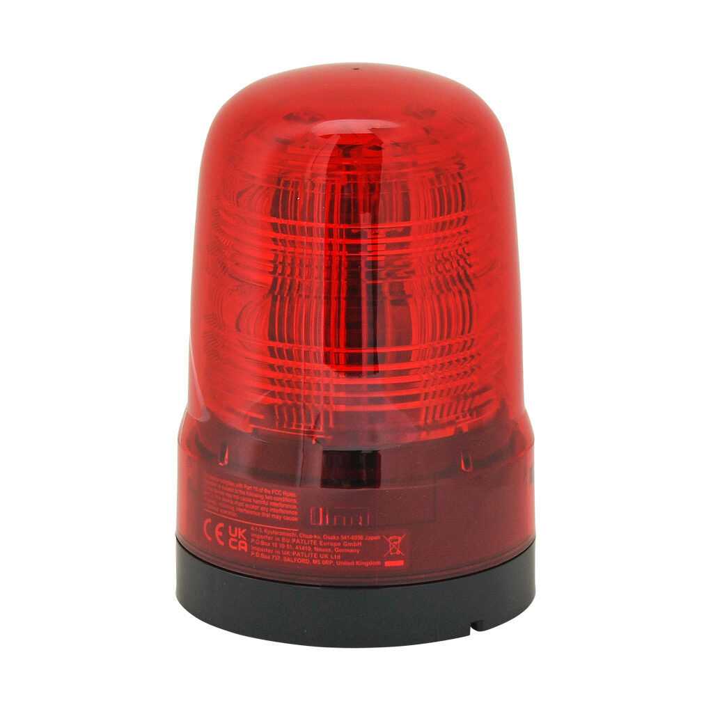 SF08-M2KTN-R - Patlite SF series LED industrial signal beacon, 80mm, red, (22) selectable flashing and rotating patterns, IP66, NEMA 4X/13, base mount, 100-240 VAC.