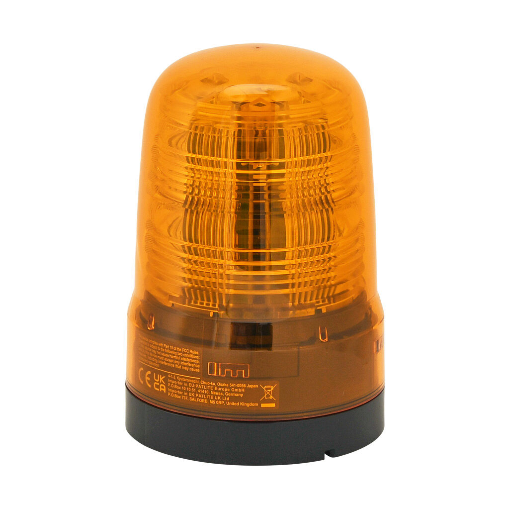 SF08-M2KTN-Y - Patlite SF series LED industrial signal beacon, 80mm, amber, (22) selectable flashing and rotating patterns, IP66, NEMA 4X/13, base mount, 100-240 VAC.