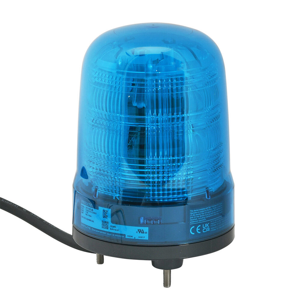 SF10-M1JN-B - Patlite SF series LED industrial signal beacon, 100mm, blue, (22) selectable flashing and rotating patterns, IP23, base mount, 12-24 VDC. IP65 when used with SZW-103 rubber gasket.