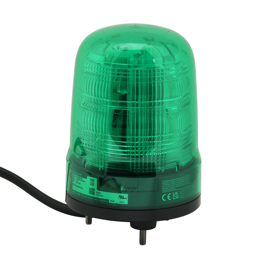 SF10-M1JN-G - Patlite SF series LED industrial signal beacon, 100mm, green, (22) selectable flashing and rotating patterns, IP23, base mount, 12-24 VDC. IP65 when used with SZW-103 rubber gasket.