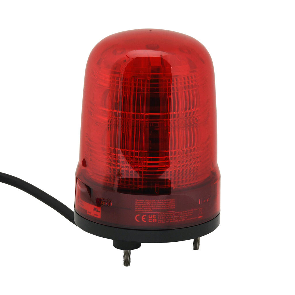 SF10-M1JN-R - Patlite SF series LED industrial signal beacon, 100mm, red, (22) selectable flashing and rotating patterns, IP23, base mount, 12-24 VDC. IP65 when used with SZW-103 rubber gasket.