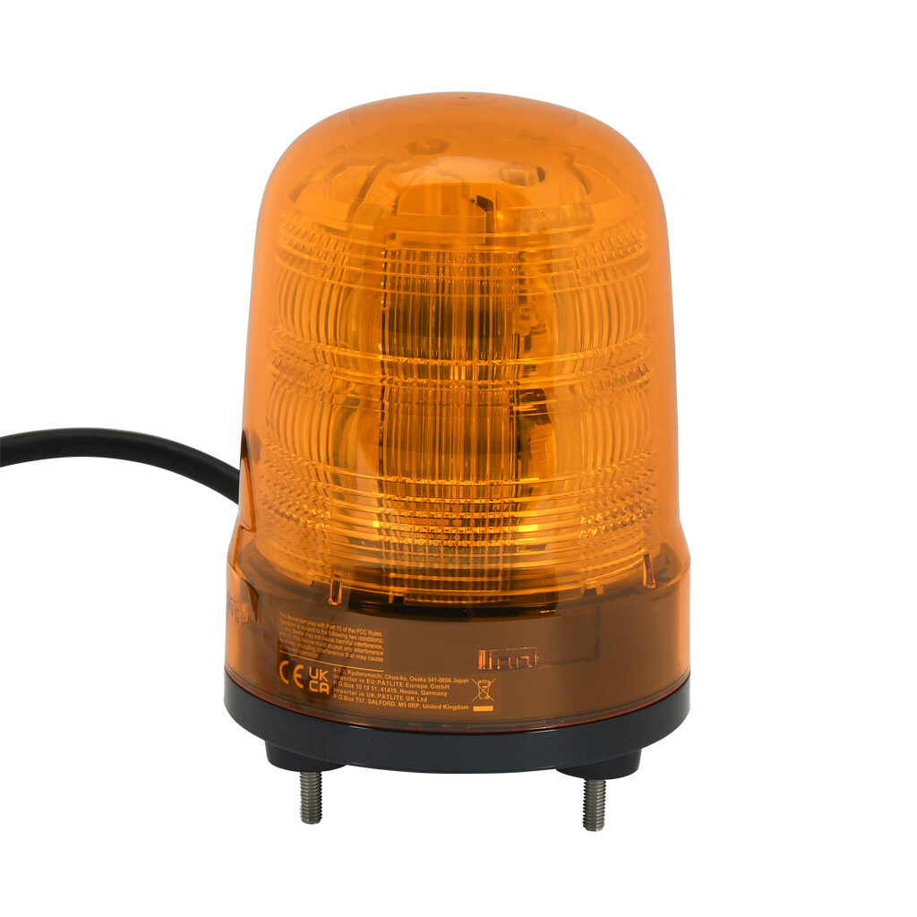 SF10-M1JN-Y - Patlite SF series LED industrial signal beacon, 100mm, amber, (22) selectable flashing and rotating patterns, IP23, base mount, 12-24 VDC. IP65 when used with SZW-103 rubber gasket.