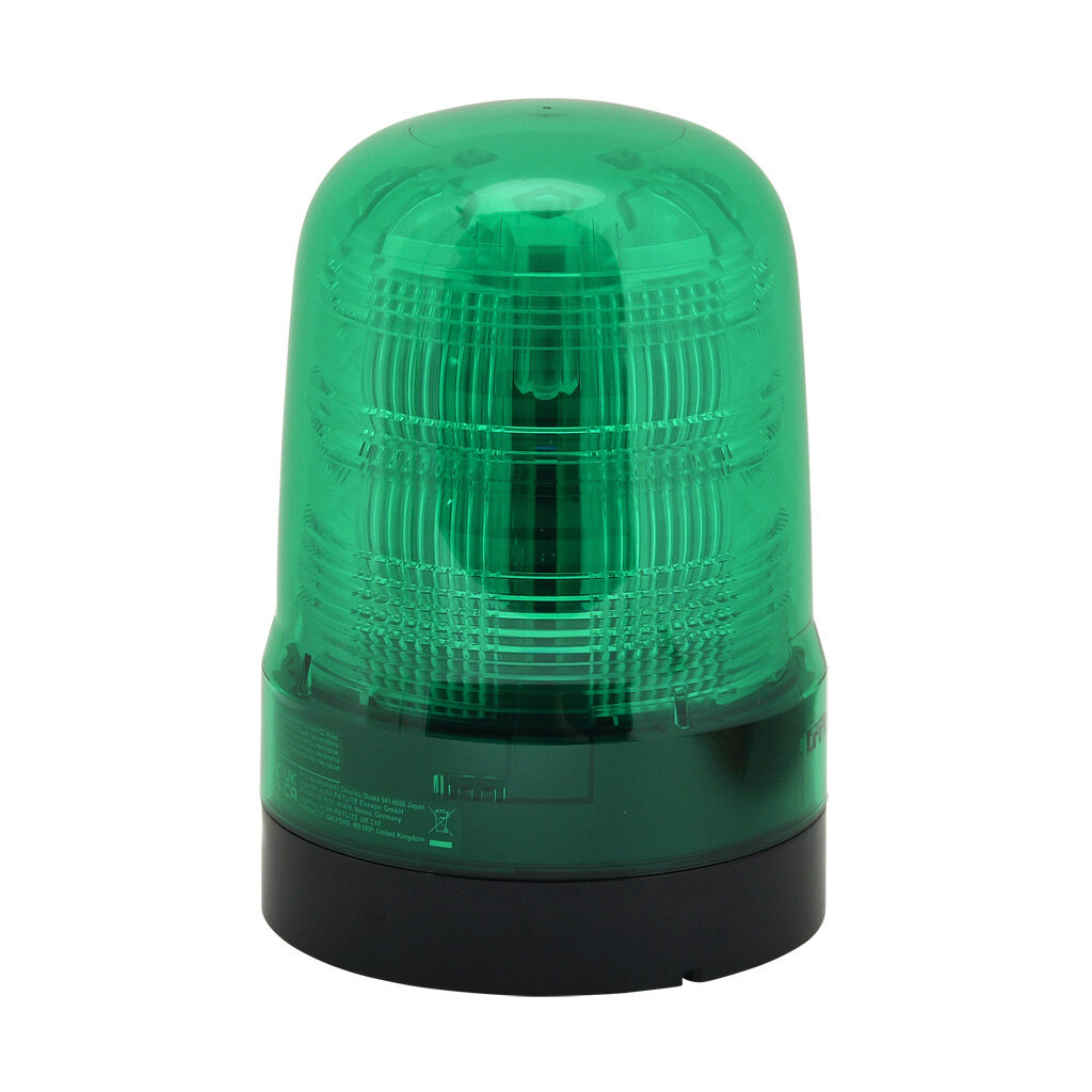 SF10-M1KTB-G - Patlite SF series LED audible-visual signal beacon, 88 dB at 1m, continuous tone(s), (22) selectable flashing and rotating patterns, green, 100mm, 12-24 VDC, IP66, NEMA 4X/13, push-in terminal.